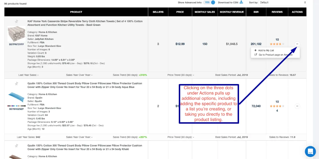 The Actions column offers two choices: save the listing to a separate file for later reference or click to view the product page on Amazon